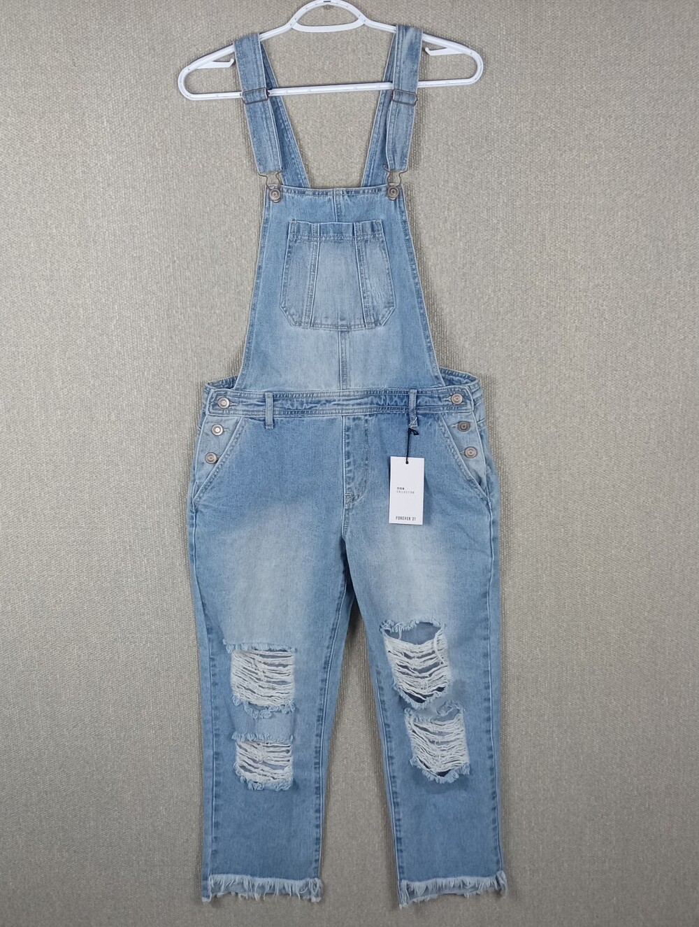 Forever 21 Distressed Denim Overalls Light Wash Frayed Hem Blue Size 28
